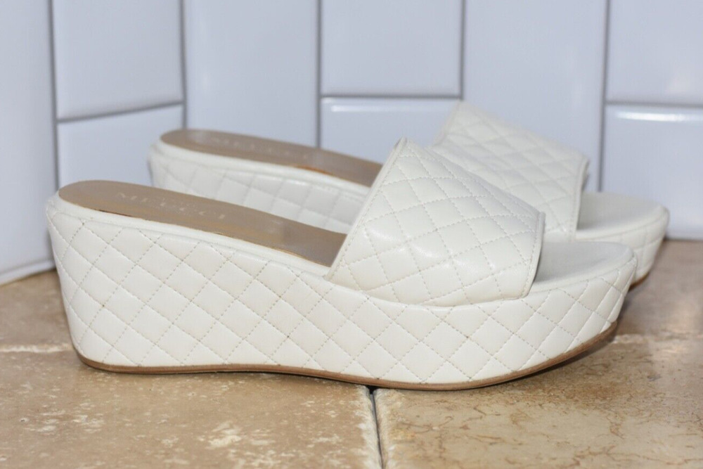 Sesto Meucci White Quilted Leather Platform Wedge Sandal Slide Heels 9M